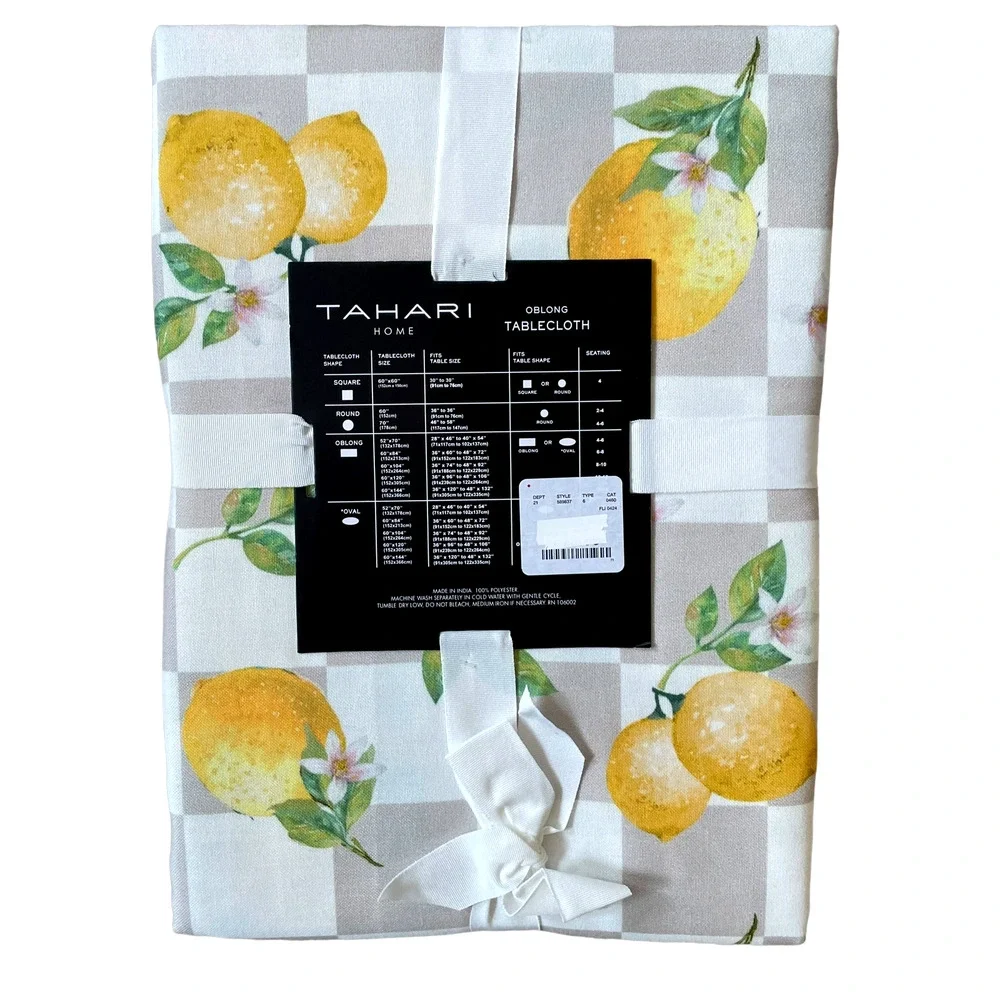 TAHARI Checkered Summer Lemons Tablecloth 60x120 Beige & White NEW